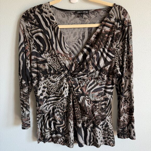 Cable & Gauge Womens Twist Front Leopard Print Top XL V-Neck 3/4 Sleeve Stretch - Picture 1 of 9
